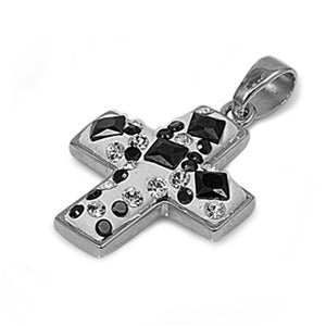 Accent Unique Mosaic Cross Pendant Black Simulated CZ .925 Sterling Silver Charm