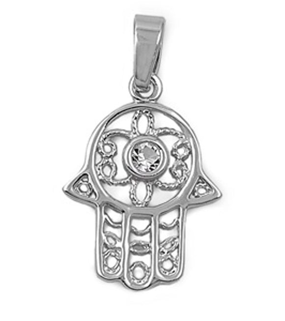 Hamsa Elegant Hand of God Pendant Clear Simulated CZ .925 Sterling Silver Charm