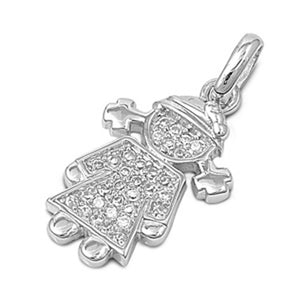 Sterling Silver High Polish Minimalist Girl Pendant Clear Simulated CZ Charm