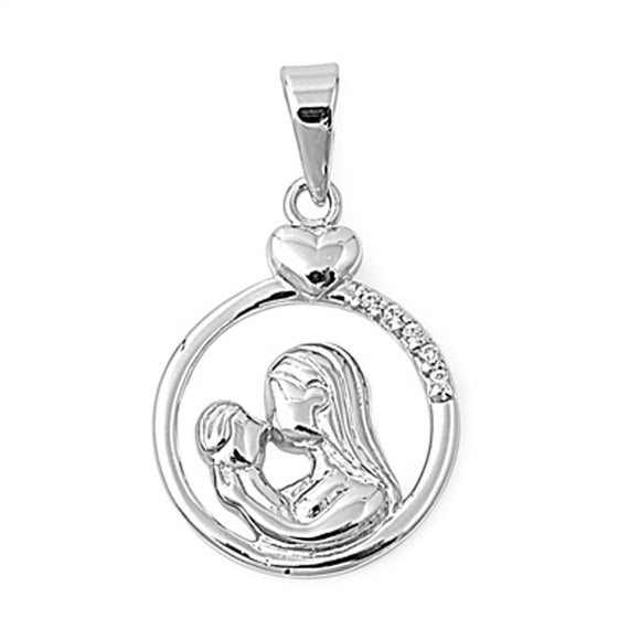 Shiny Mom Heart Pendant Clear Simulated CZ .925 Sterling Silver Love Baby Charm