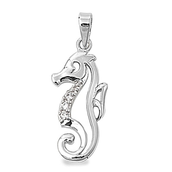 Sterling Silver Cutout Filigree Seahorse Outline Pendant Clear Simulated CZ