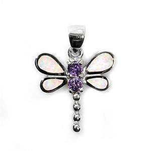 Sterling Silver Studded Teardrop Dragonfly Pendant Simulated Amethyst Charm