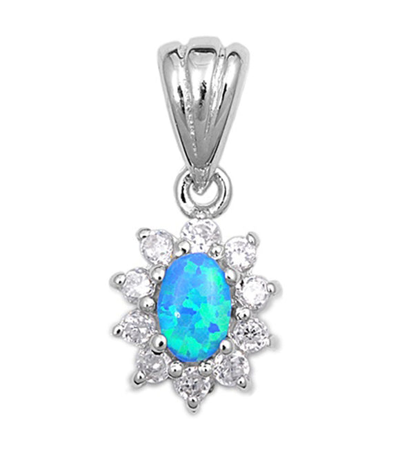 Halo Sun Burst Oval Pendant Light Blue Simulated Opal .925 Sterling Silver Charm