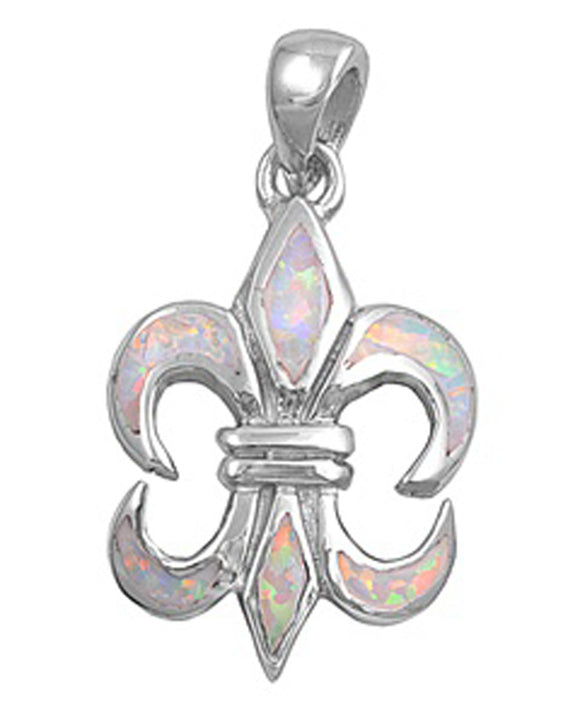 Classic Fleur De Lis Pendant White Simulated Opal .925 Sterling Silver Charm