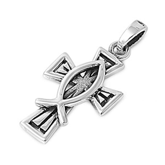 Ichthus Fish Ornate Cross Pendant .925 Sterling Silver Angled Religious Charm