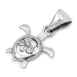 High Polish Animal Plumeria Shell Turtle Pendant .925 Sterling Silver Charm