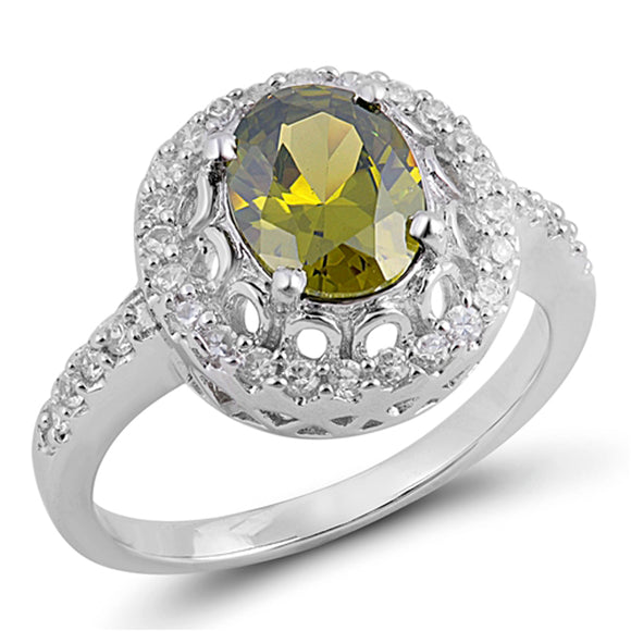 Oval Olive CZ Raised Halo Engagement Ring .925 Sterling Silver Band Sizes 5-10