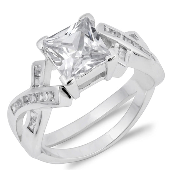 Clear CZ Square Criss Cross Wedding Ring New 925 Sterling Silver Band Sizes 6-10