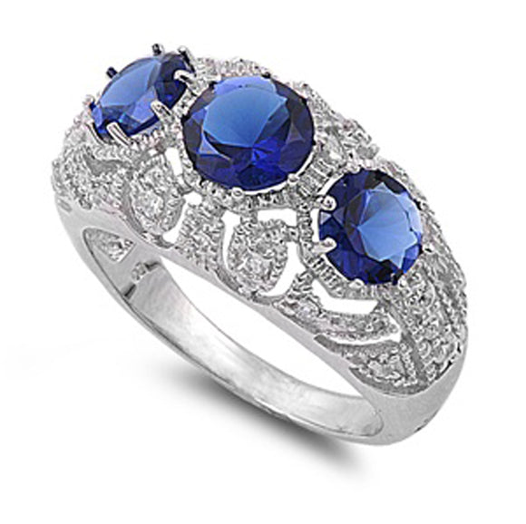 Blue Sapphire CZ Vintage Round Filigree Ring New Sterling Silver Band Sizes 5-10