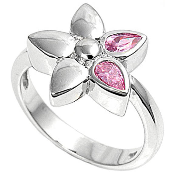 Pink CZ Cute Teardrop Flower Plumeria Ring .925 Sterling Silver Band Sizes 5-9