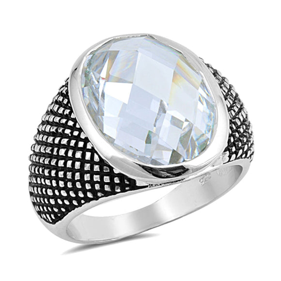 Oval White CZ Facet Men's Oxidized Ring New .925 Sterling Silver Band Sizes 6-10