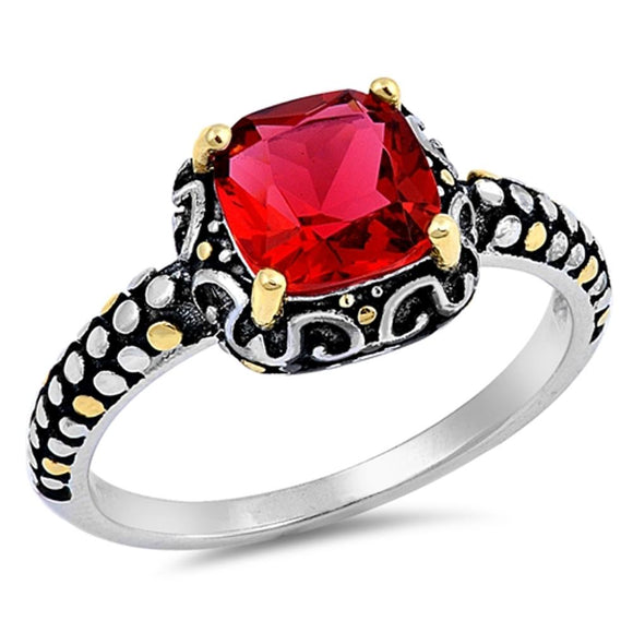 Sterling Silver Woman's Fashion Gold Tone Ruby CZ Ring Unique Band Sizes 3-14