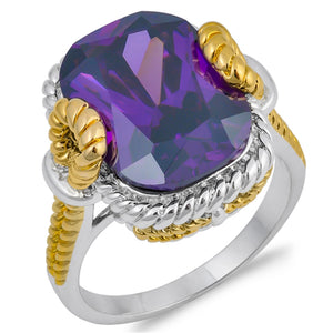 Large Amethyst CZ Gold-Tone Rope Ring New .925 Sterling Silver Band Sizes 6-10