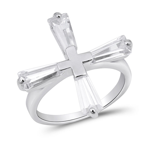 White CZ Unique Cross Christian Ring New .925 Sterling Silver Band Sizes 4-8