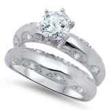 Round Solitaire Clear CZ Wedding Ring Set Sterling Silver Thick Band Sizes 5-10