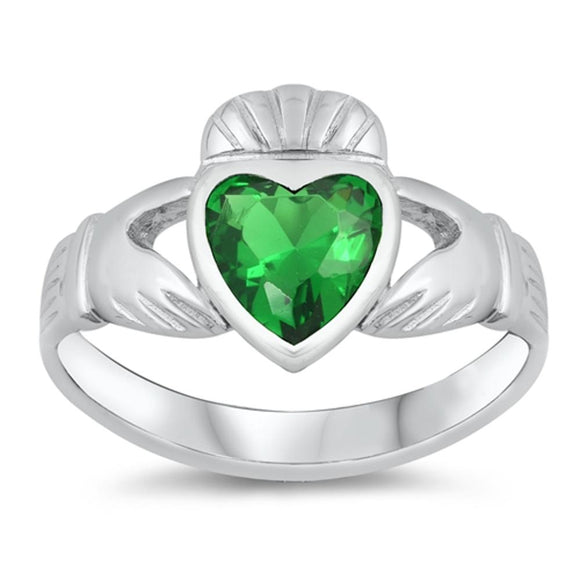 Emerald CZ Classic Claddagh Heart Ring New .925 Sterling Silver Band Sizes 4-10