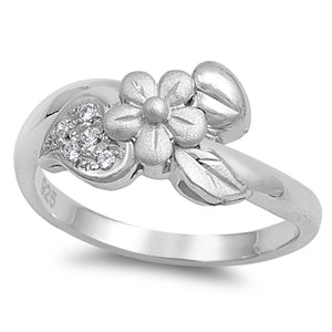 Clear CZ Hawaiian Plumeria Heart Flower Leaf Sterling Silver Ring Sizes 4-9