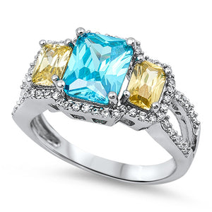 Rectangle Aquamarine CZ Colorful Halo Ring .925 Sterling Silver Band Sizes 5-12