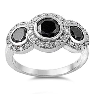 Black CZ Trio Halo Round Cocktail Ring New .925 Sterling Silver Band Sizes 5-10