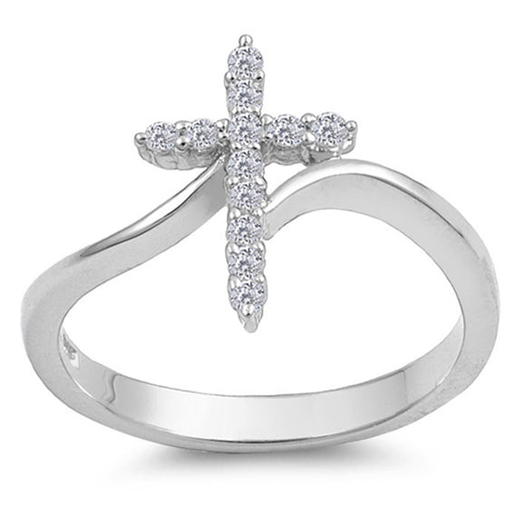 Sterling Silver Woman's Clear CZ Cross Ring Unique 925 Band 15mm New Sizes 3-13