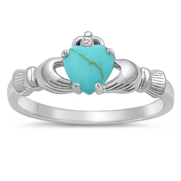 Traditional Claddagh Ring Turquoise Heart .925 Sterling Silver Band Sizes 4-10