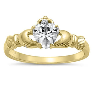 Gold Tone Claddagh Heart White CZ Ring New .925 Sterling Silver Band Sizes 3-12