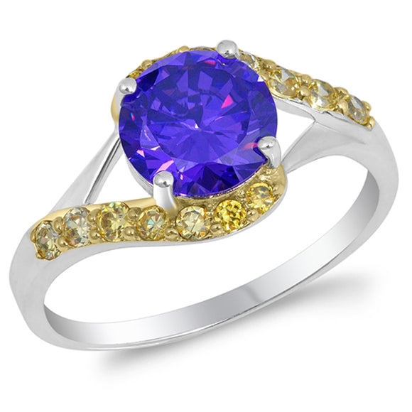 Round Amethyst CZ Gold-Tone Accent Ring New .925 Sterling Silver Band Sizes 5-10