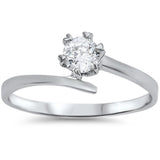 White CZ Round Solitaire 6 Prong Wave Ring .925 Sterling Silver Band Sizes 4-9