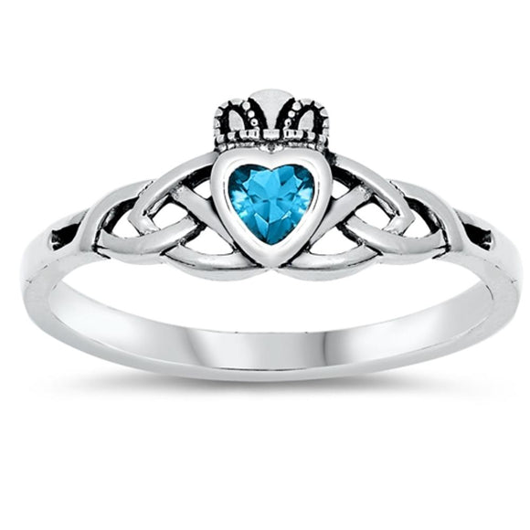 Aquamarine CZ Celtic Heart Claddagh Knot Ring Sterling Silver Band Sizes 3-10