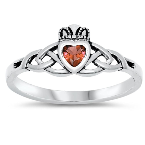 Garnet CZ Celtic Knot Antiqued Claddagh Ring 925 Sterling Silver Band Sizes 3-10