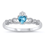 Claddagh Friendship Sterling Silver Ring Blue Topaz CZ Heart Sizes 1-10