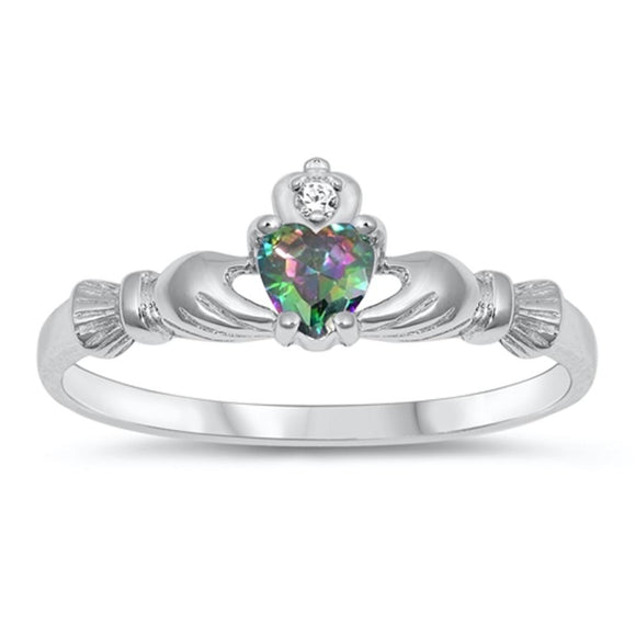 Sterling Silver Irish Claddagh Friendship Ring Rainbow Topaz CZ Heart Sizes 1-10