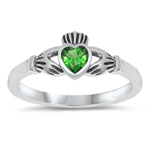 Sterling Silver Claddagh Ring Emerald CZ Traditional Irish Knot Band Sizes 1-10