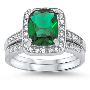 Emerald CZ Elegant Simple Halo Ring Set New .925 Sterling Silver Band Sizes 5-10