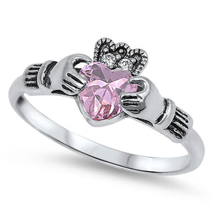 Pink CZ Cute Promise Claddagh Ring New .925 Sterling Silver Band Sizes 5-10