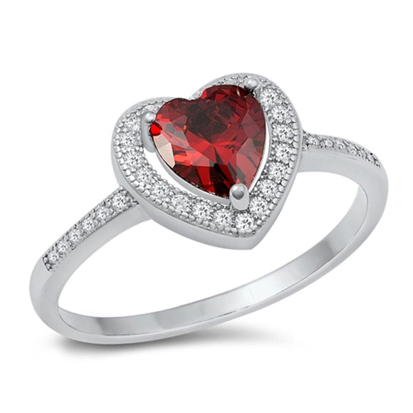 Halo Heart Garnet CZ Polished Love Ring New .925 Sterling Silver Band Sizes 5-10