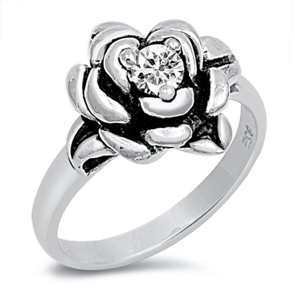 Sterling Silver Woman's Rose Flower Clear CZ Ring Cute 925 Band 11mm Sizes 5-10