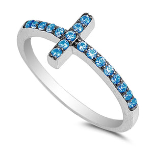 Blue Topaz CZ Sideways Cross Ring .925 Sterling Silver Christian Band Sizes 4-10