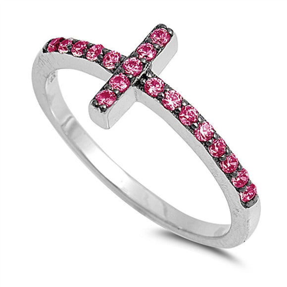 Ruby CZ Sideways Cross Ring New .925 Sterling Silver Christian Band Sizes 4-10