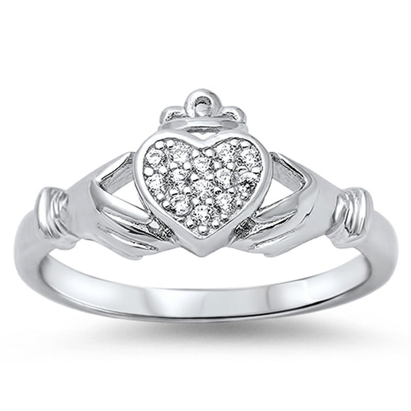 White CZ Polished Claddagh Heart Ring New .925 Sterling Silver Band Sizes 5-10