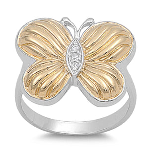 Gold Tone Butterfly White CZ Fashion Ring .925 Sterling Silver Band Sizes 4-11