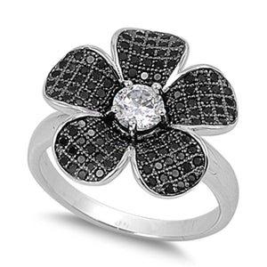 Black CZ Flower Unique Polished Fashion Ring 925 Sterling Silver Band Sizes 5-9