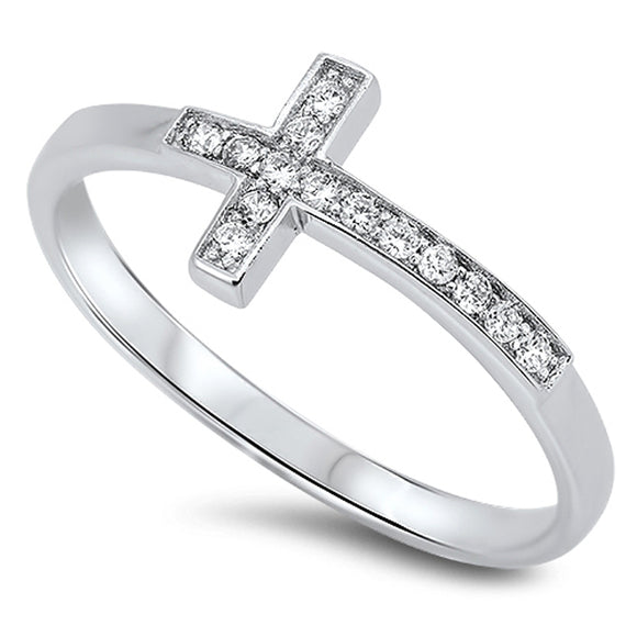 Cross Inlay White CZ Unique Love Ring New .925 Sterling Silver Band Sizes 3-12