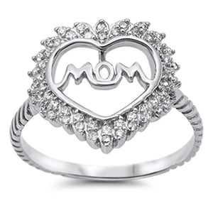 Heart Love MOM White CZ Fashion Ring New .925 Sterling Silver Band Sizes 4-10