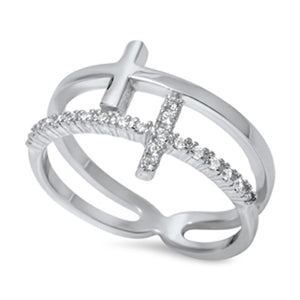 Open Cross Unique Christian Ring White CZ .925 Sterling Silver Band Sizes 4-12