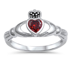 Friendship Garnet CZ Irish Claddagh Ring .925 Sterling Silver Band Sizes 4-10