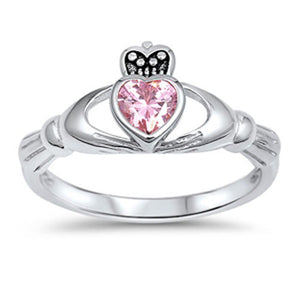 Friendship Heart Pink CZ Claddagh Ring New .925 Sterling Silver Band Sizes 4-10