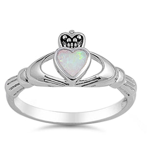 Claddagh Heart White Lab Opal Cute Ring New .925 Sterling Silver Band Sizes 4-10