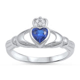 Claddagh Blue Sapphire CZ Heart Friendship Ring .925 Sterling Silver Sizes 4-10