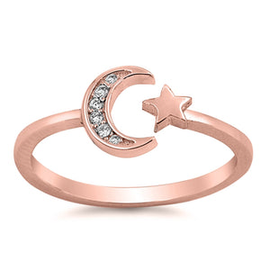 Clear CZ Rose Gold-Tone Moon Star Ring Sterling Silver Vintage Band Sizes 2-10